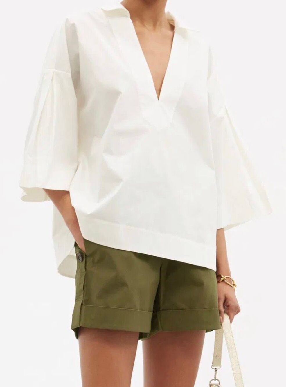FRAME Channing White Cotton Poplin V-Neck Blouse | Oversized Quiet Luxury Top, M